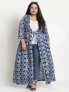 sindrellastorie Women Blue & Beige Printed Longline Bohemian Tie-Up Shrug