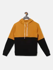 Instafab Boys Mustard & Black Pure Cotton Colourblocked Hooded Pullover Sweatshirt