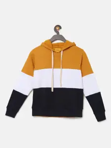 Instafab Boys Mustard & Black Pure Cotton Colourblocked Hooded Pullover Sweatshirt