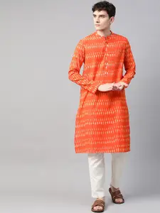 See Designs Men Orange Printed Pure Cotton Ikat Printed Kurta with Pyjamas