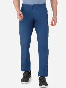 beevee Men Blue & Black Solid Narrow-Fit Pure Cotton Track Pants