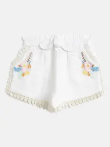 Kids On Board Girls White Floral Embroidered High-Rise Regular Shorts