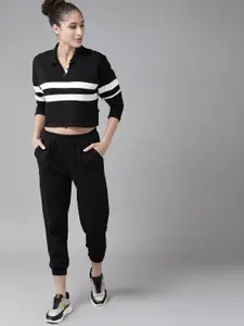 Roadster Women Black & White Pure Cotton Striped Cropped T-shirt with Joggers