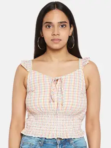 People White & Yellow Checked Smocked Cinched Waist Pure Cotton Crop Top