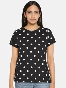 People Women Black  White Polka Dots Printed  Pure Cotton T-shirt