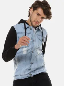 Campus Sutra Men Blue & Black Colourblocked Hooded Denim Jacket