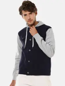Campus Sutra Men Navy Blue & Grey Colourblocked Hooded Denim Jacket