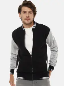 Campus Sutra Men Black & Grey Windcheater Cotton Varsity Jacket