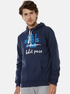 Campus Sutra Men Blue Typography Printed Cotton Hooded Pullover Sweatshirt