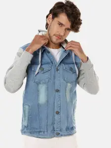 Campus Sutra Men Blue Washed Colourblocked Windcheater Outdoor Denim Jacket
