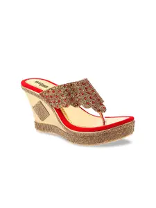 Shoetopia Women Red & Gold-Toned Embellished Ethnic Wedge Sandals