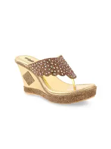 Shoetopia Gold-Toned Embellished Wedge Sandals