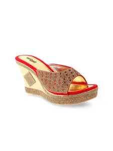 Shoetopia Red Embellished Wedge Sandals