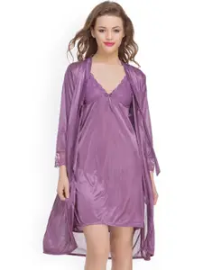 Clovia Clovia Purple Lace & Satin Nightdress with Robe NSM484P09O