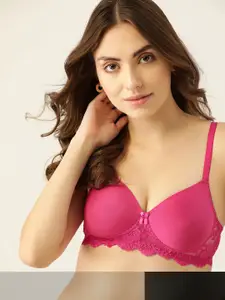DressBerry DressBerry Women Pack of 2 Magenta & Black Solid Lightly Padded Lace T-Shirt Bra