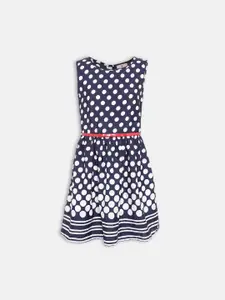 Oxolloxo Girls Navy Blue & White Polka Dot Satin Dress