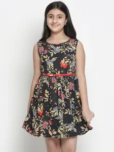 Oxolloxo Girls Black & Red Floral Printed Satin Dress