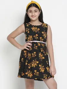 Oxolloxo Girls Black & Yellow Floral Satin Dress