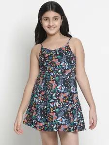 Oxolloxo Girls Navy Blue & Pink Floral Satin Dress