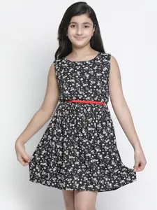 Oxolloxo Girls Black & Off White Floral Printed Dress