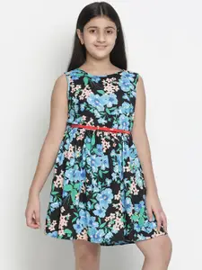Oxolloxo Girls Black & Blue Floral Printed Dress