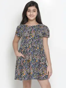 Oxolloxo Girls Black & Pink Floral Printed  A-Line Dress