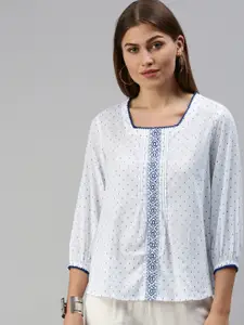 Global Desi White & Blue Embroidered Sqaure Neck Pleated Blouson Top