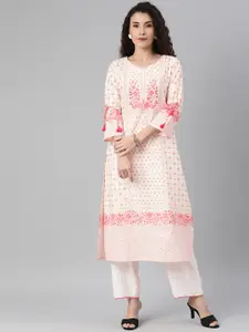 Global Desi Women Off White & Pink Ethnic Motifs Print Thread Work Cotton Straight Kurta