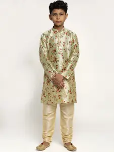 KRAFT INDIA Boys Sea Green & Gold-Toned Floral Printed Silk  Kurta with Churidar