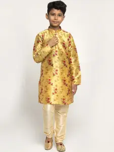KRAFT INDIA Boys Yellow Floral Printed Regular Silk Kurta with Pyjamas