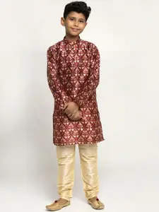 KRAFT INDIA Boys Maroon & Gold-Toned Printed Silk Kurta with Churidar