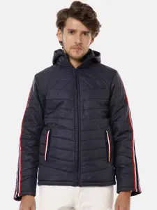 Campus Sutra Men Navy Blue Windcheater Padded Jacket with Side Stripes