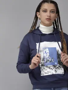 UTH by Roadster Girls Navy Blue & White Printed Hooded Sweatshirt