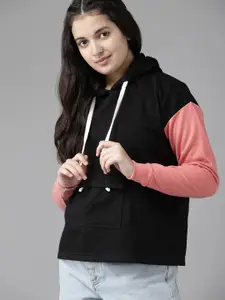 UTH by Roadster Girls Black & Peach-Coloured Solid Hooded Sweatshirt
