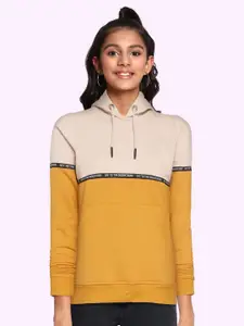 UTH by Roadster Girls Beige & Mustard Yellow Colourblocked Hooded Sweatshirt