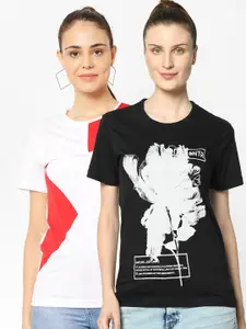 VIMAL JONNEY Women Black & White Pack Of 2 Printed T-shirt