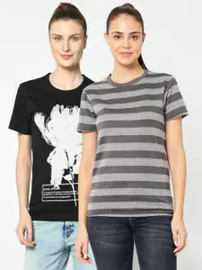 VIMAL JONNEY Women Pack Of 2 Black & Grey Printed T-shirt