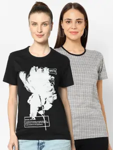 VIMAL JONNEY Women Pack of 2 Black & White Printed T-shirt