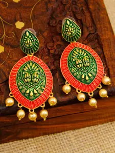 Crunchy Fashion Gold-Toned Red & Green Contemporary Drop Earrings