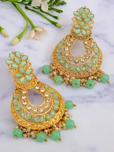 Crunchy Fashion Gold-Toned Green Stone Studded & Beaded Contemporary Chandbalis Earrings