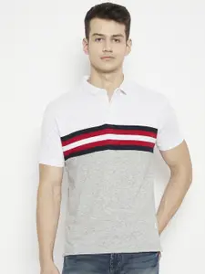 Crimsoune Club Men Grey Striped Polo Collar Slim Fit T-shirt