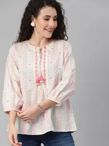 Global Desi Off-White & Pink Cotton Geometric Self-Design Tie-Up Neck A-Line Top
