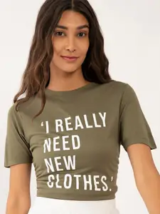 Zink London Women Green Typography Printed T-shirt