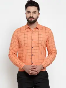 JAINISH Men Orange Windowpane Checks Checked Pure Cotton Formal Shirt