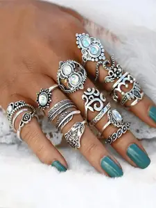 Shining Diva Fashion Set Of 16 Oxidized Silver-Plated Adjustable Finger Rings