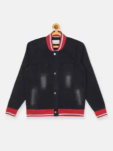 Instafab Boys Black & Red Washed Denim Varsity Jacket