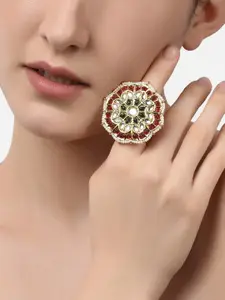 Zaveri Pearls Gold-Plated Pink & Green Kundan-Studded & Beaded Adjustable Ethnic Finger Ring