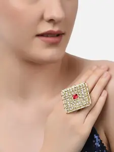 Zaveri Pearls Gold-Plated Pink & White Kundan-Studded & Pearl Beaded Adjustable Finger Ring