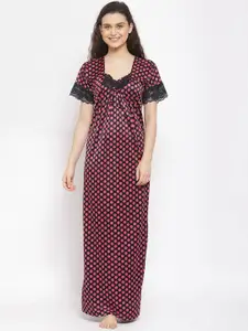 Fasense Woman Black & Pink Polka dot Printed Maxi Nightdress