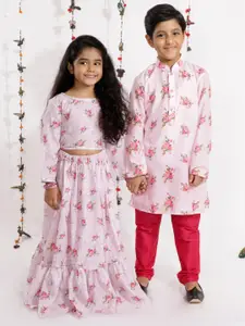 VASTRAMAY Girls Pink & Red Printed Ready to Wear Cotton Lehenga & Choli